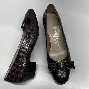 Salvatore Ferragamo Vara Bow Ballet Pumps Shoes Leather Snakeskin Brown Size 6 B